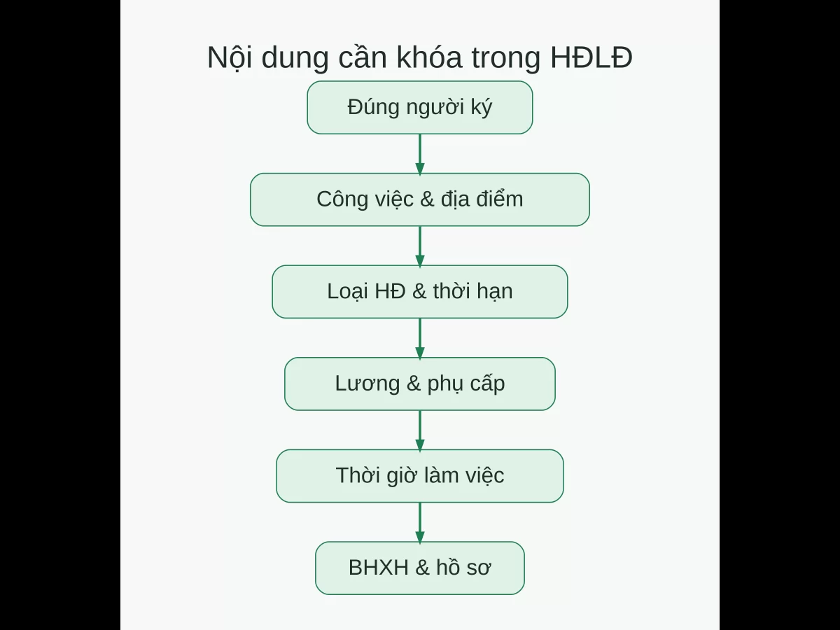 Checklist hợp đồng lao động gồm người ký, công việc, địa điểm, loại hợp đồng, lương, thời giờ và BHXH