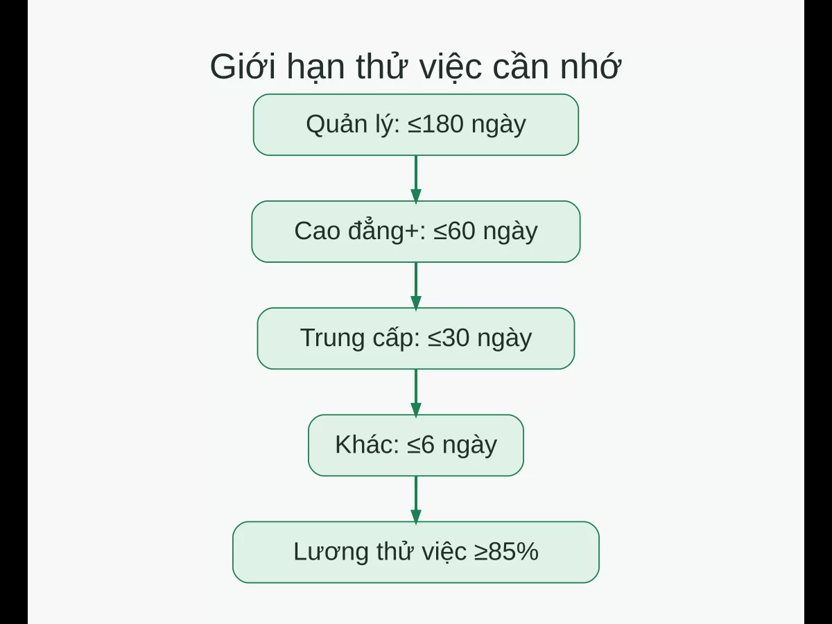 Giới hạn thử việc gồm 180, 60, 30, 6 ngày và lương thử việc ít nhất 85 phần trăm